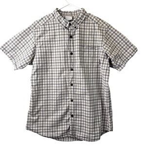 Columbia Men's Gray Checkered Cotton  Short Sleeve Button Down Shirt Medium